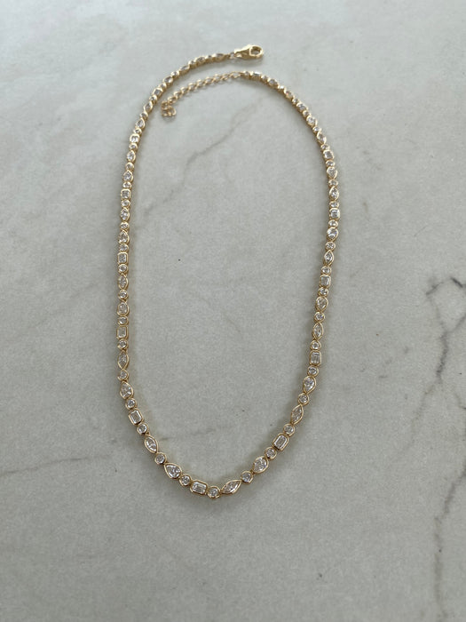 14K Gold 13 Carat Lab Diamond Mixed Cut Bezel Set Tennis Necklace | Pear, Marquise, Emerald & Round