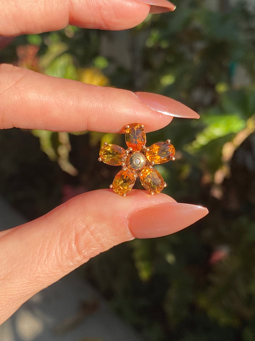 Vintage 14K Gold Citrine Diamond Flower Slider Pendant