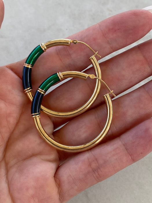 Vintage 14K Blue & Green Enamel Hoop Earrings