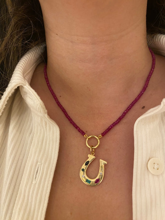 14k Gold Ruby Beaded Necklace With 14k Connector Charm 17”