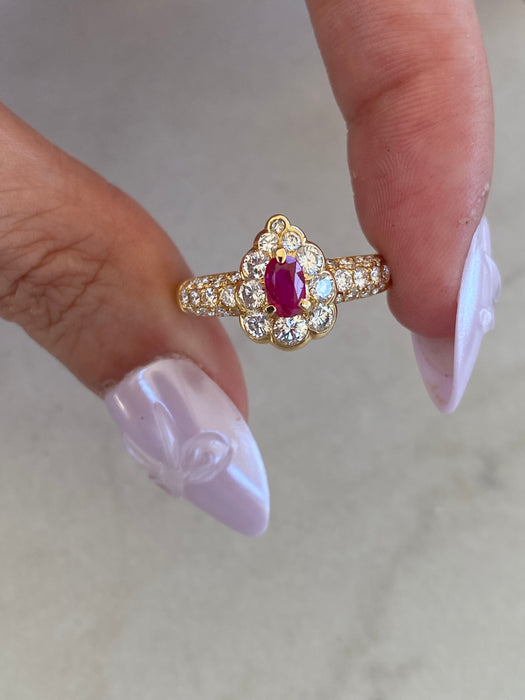 Vintage 18K Gold Ruby & Diamond Halo Ring