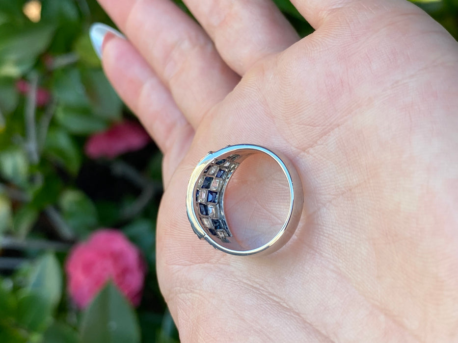 18k white gold checkerboard blue sapphire Asscher cut diamond ring size 6.5