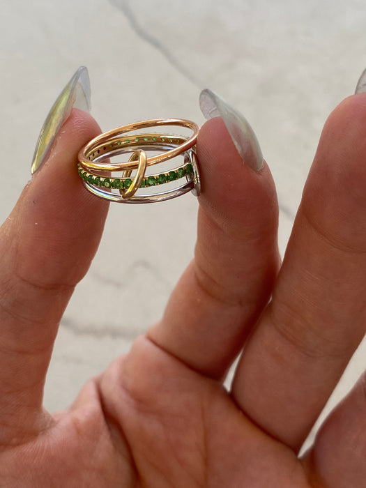 Mixed Metal Triple Band Ring – 18K Gold, Platinum 950 & Tsavorite Garnet Eternity Ring