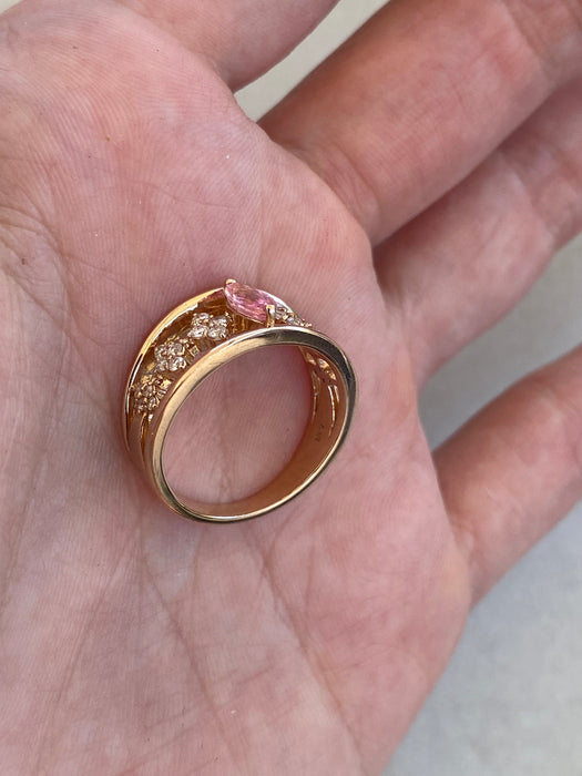 Vintage 18K Rose Gold Pink Sapphire & Diamond Floral Ring