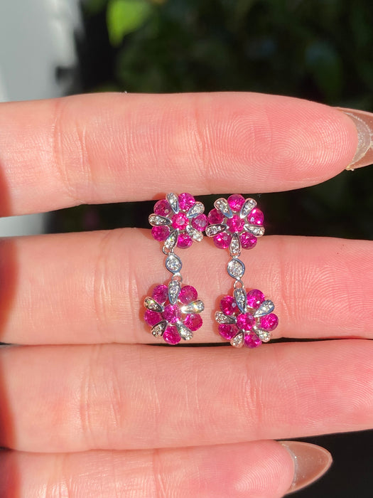Vintage 18K White Gold Ruby & Diamond Flower Drop Earrings – 1.08 TCW Rubies