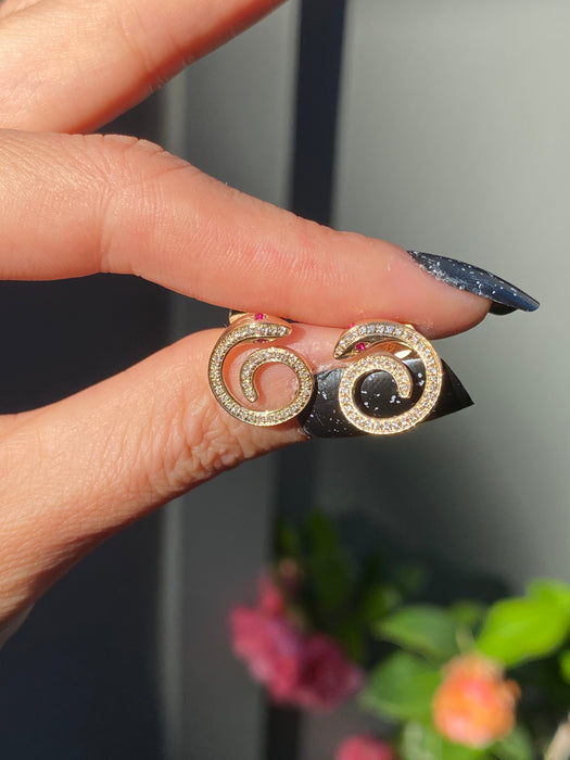 14k ruby diamond curled snake stud earrings