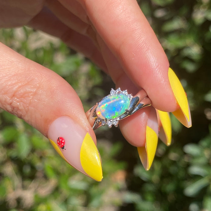 Vintage Platinum 900 Opal Diamond Ring Size 6