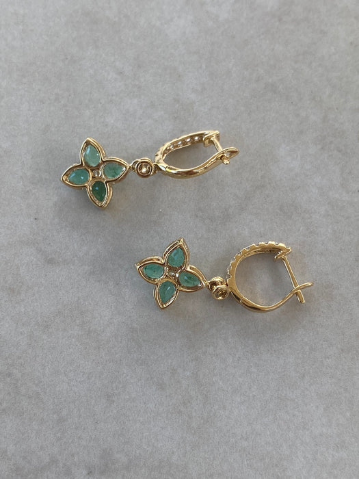 18K Gold Emerald & Diamond Flower Charm Huggie Earrings