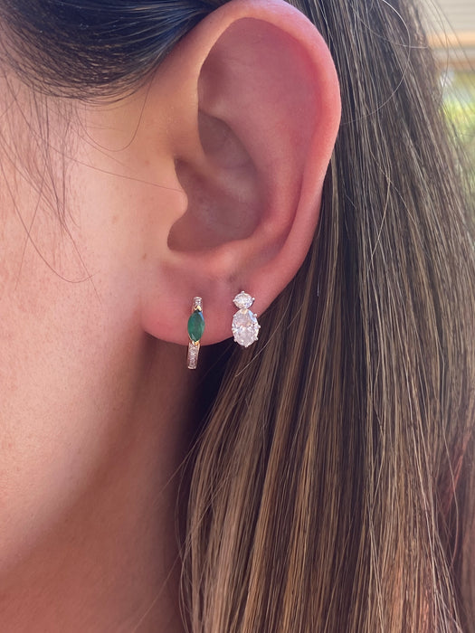 14K Gold Emerald & Diamond Marquise Huggie Earrings