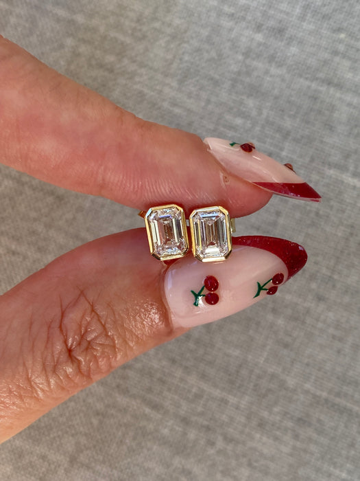 14K Yellow Gold Bezel Set Emerald Cut Lab Diamond Stud Earrings – 1.50 CTW