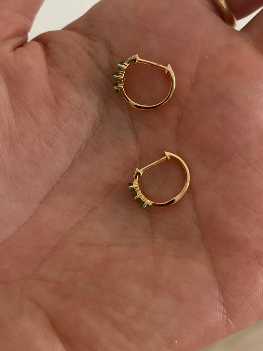14K Natural Emerald & Diamond Huggie Earrings