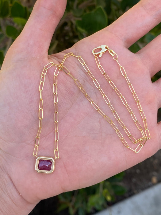 14K Gold Bezel Set Ruby Paperclip Necklace