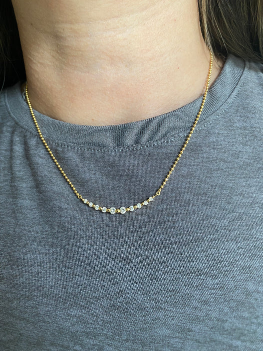 Vintage 18K Diamond-Cut Bead Necklace with Diamond Curve Bar