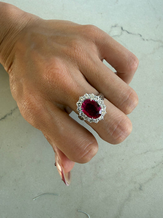 Vintage Platinum 900 Rubellite Tourmaline & Diamond Halo Ring