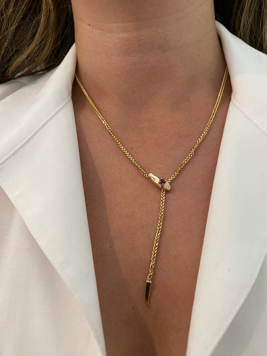 14K Gold Ruby Snake Foxtail Chain Lariat Necklace