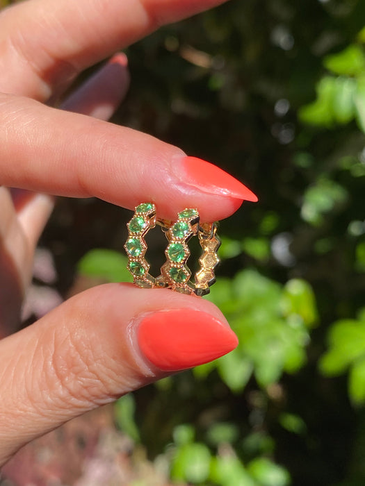14K Gold Hexagon Tsavorite Garnet Huggie Earrings