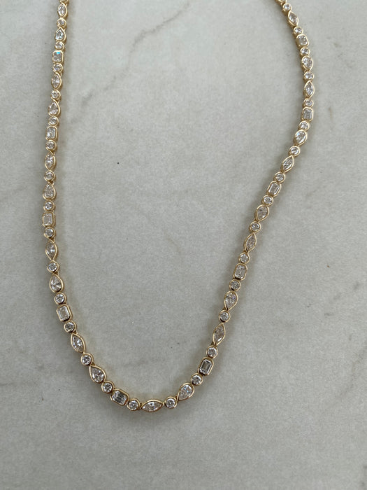 14K Gold 13 Carat Lab Diamond Mixed Cut Bezel Set Tennis Necklace | Pear, Marquise, Emerald & Round