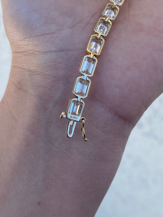 14K Gold 16 Carat Emerald Cut Lab Diamond Tennis Bracelet