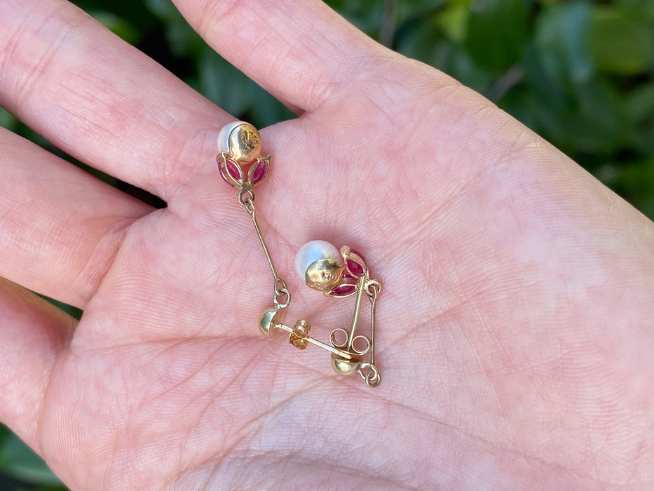 14K Gold Ruby & Pearl Dangle Earrings
