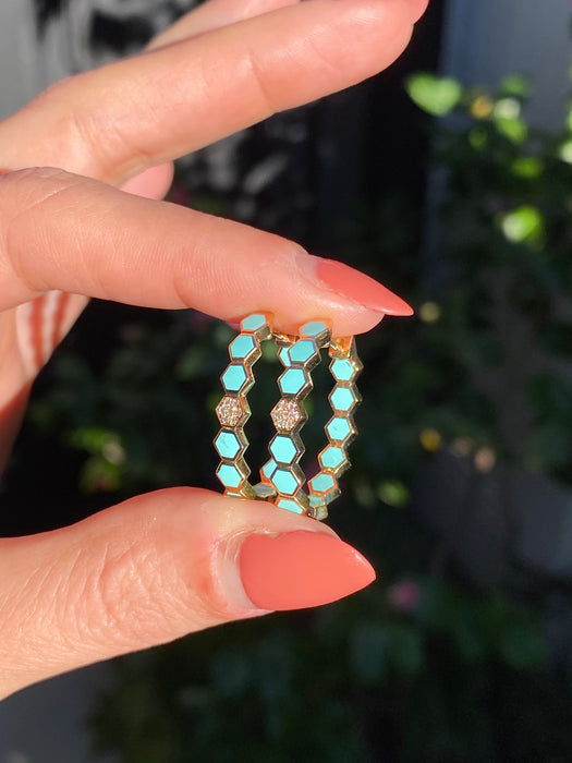 14k blue enamel diamond hexagon huggie hoop earrings