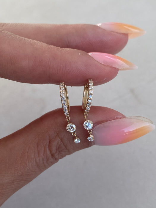 14K Gold Lab Diamond Huggie Earrings with Double Diamond Drops