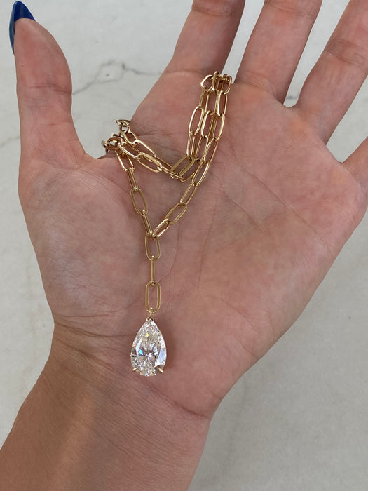 14K Paperclip Lariat Necklace with 5 Carat Pear Lab Diamond