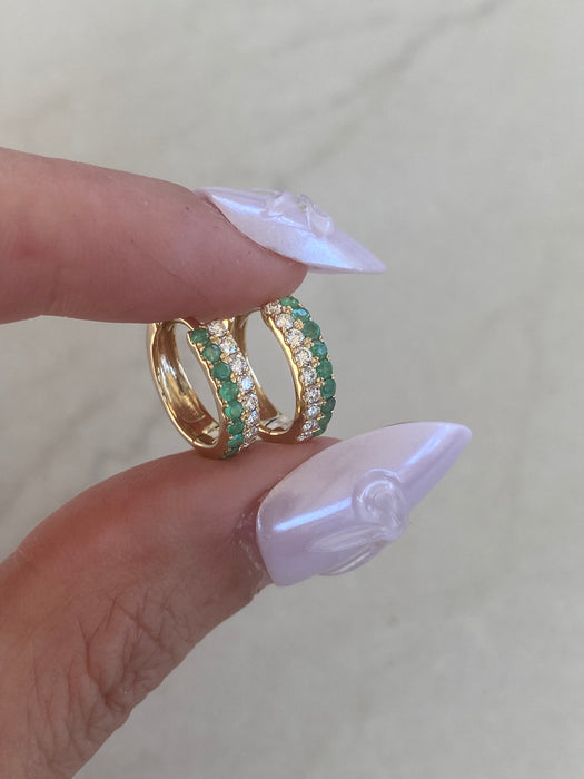 14K Natural Emerald & Diamond Huggie Earrings