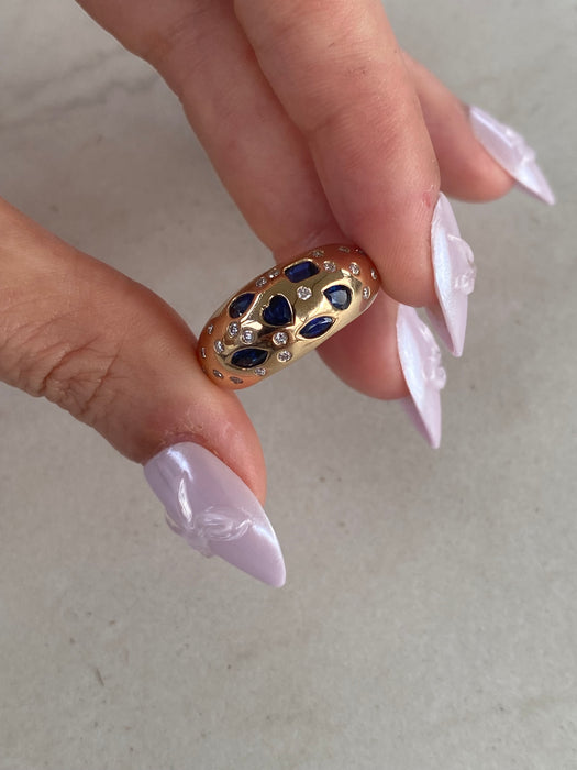 14K Blue Sapphire & Diamond Flush Set Ring