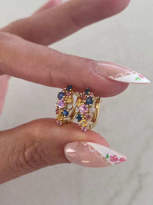 14K Rainbow Sapphire & Diamond Cluster Huggie Earrings | 1.10 CTW