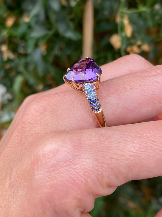 18K Gold Heart Amethyst & Ombre Sapphire Heart Ring