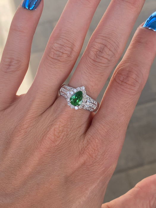 Platinum 900 Pear Tsavorite Green Garnet Diamond Ring