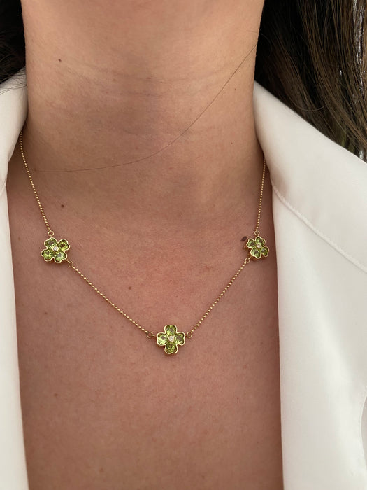 14k peridot clover bead station necklace 18”