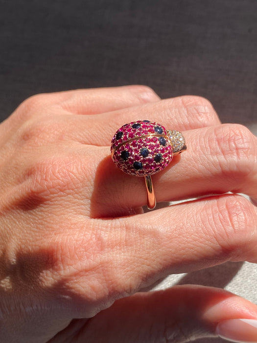 18K Rose Gold Ruby & Diamond Ladybug Ring with Hidden Opal