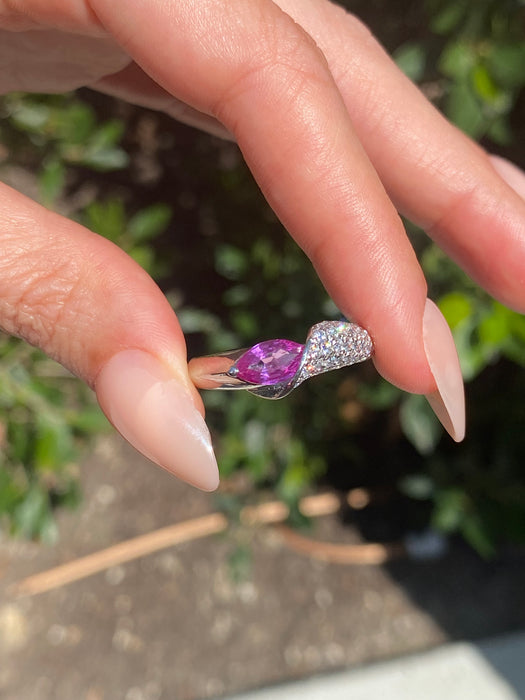 Vintage Platinum 900 Pink Sapphire Pear Ring with Diamonds – Size 10.25