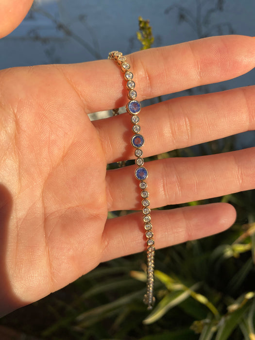 14k Bezel Set Natural Diamond & Blue Sapphire Tennis Bracelet