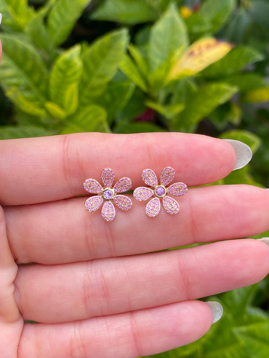 14k pink sapphire daisy flower stud earrings