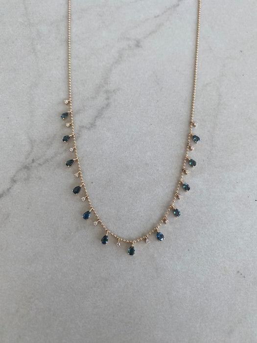 14K Blue-Green Sapphire & Diamond Charm Bead Chain Necklace