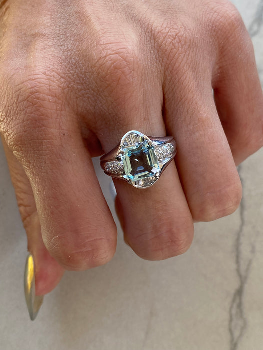Vintage Platinum 900 Step-Cut Aquamarine & Natural Diamond Ring – 2.02 Carats