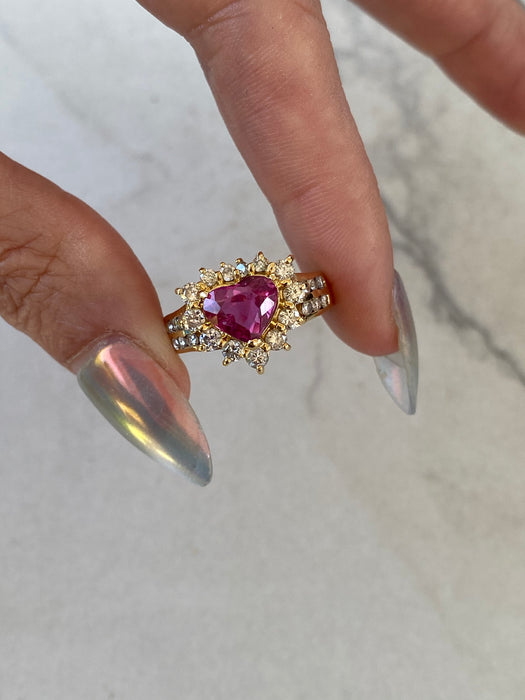 Vintage 18K Gold Heart-Shaped Ruby & Diamond Ring