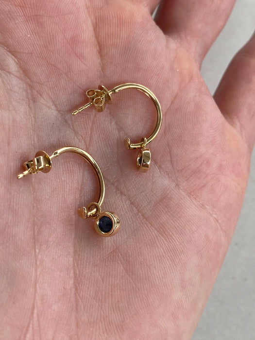 14K Gold Natural Blue Sapphire Charm Huggie Earrings