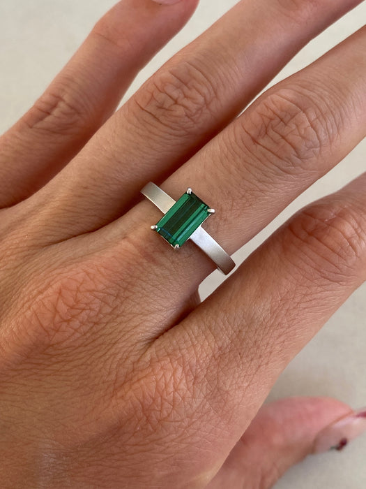 Vintage Platinum 900 Blue-Green Tourmaline Ring | 1.174 CT Baguette Cut Tourmaline