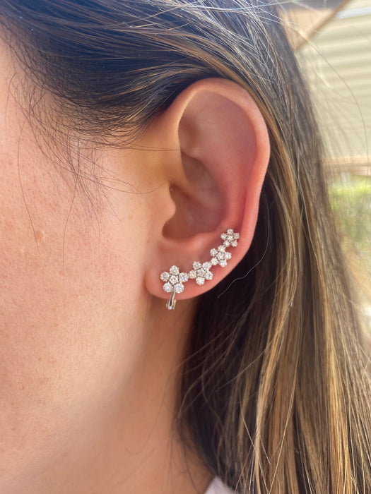 Vintage 14K White Gold Natural Diamond Flower Ear Climbers