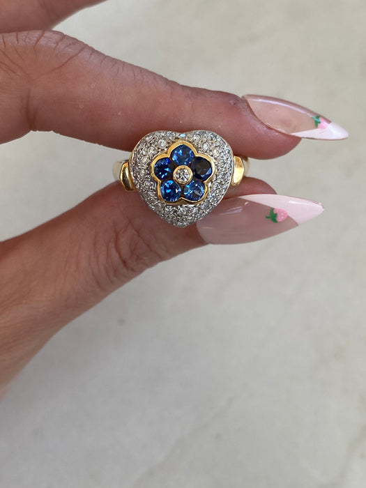 Vintage 18K Gold & Platinum Diamond and Blue Sapphire Flower Heart Ring