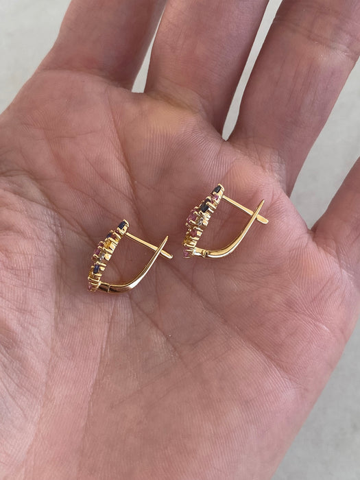 14K Rainbow Sapphire & Diamond Cluster Huggie Earrings | 1.10 CTW