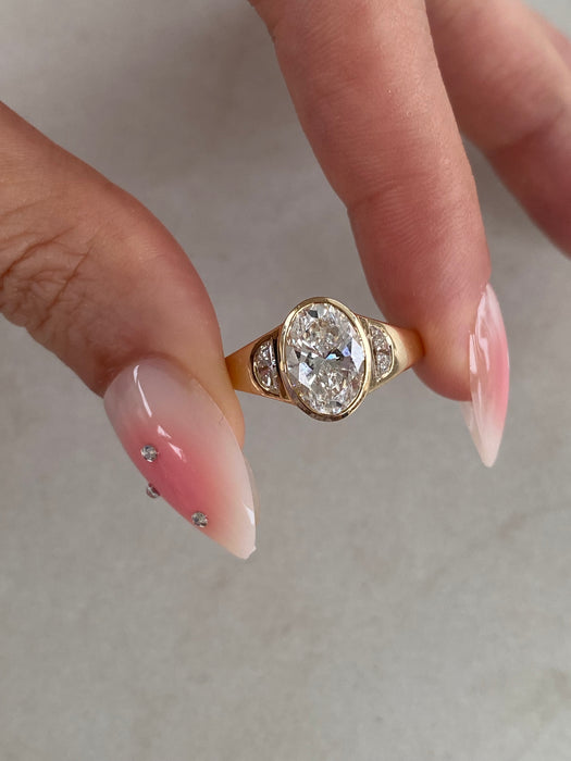 14K Gold 2.42 Carat Oval Lab Diamond Ring with Flush Half-Moon Accents