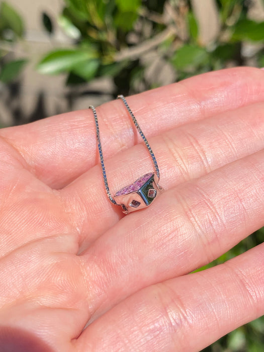 18K White Gold Pink Sapphire Heart Pendant Necklace – 1.08 TCW Princess Cut Invisible Set, Adjustable Chain