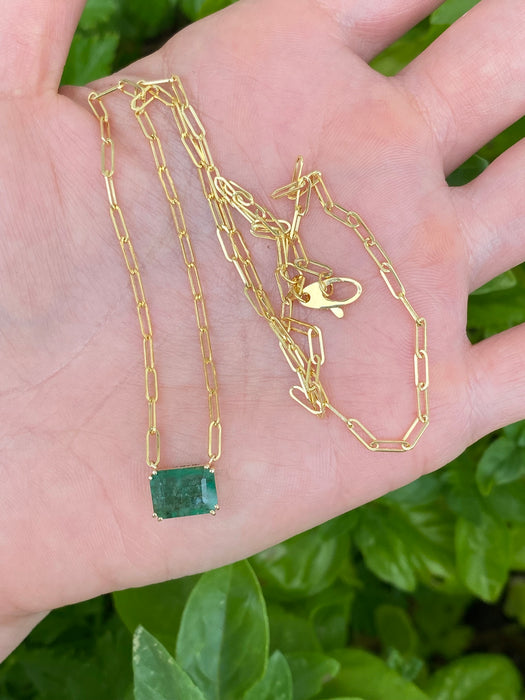 14K Gold Natural Emerald Paperclip Necklace – 2.24 CT Emerald Cut Emerald