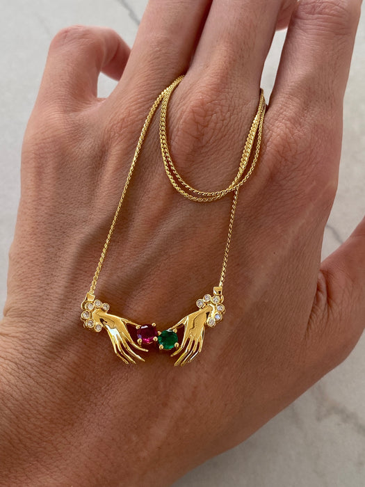 Vintage 18K Gold Hand Necklace with Ruby, Emerald & Diamond Accents – 16.25”