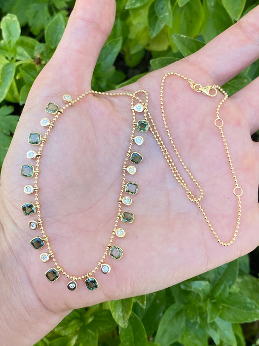 14K Gold Green Sapphire & Diamond Bead Necklace – 4.8 Carat Sapphire & 0.46 CTW Natural Diamond Charms