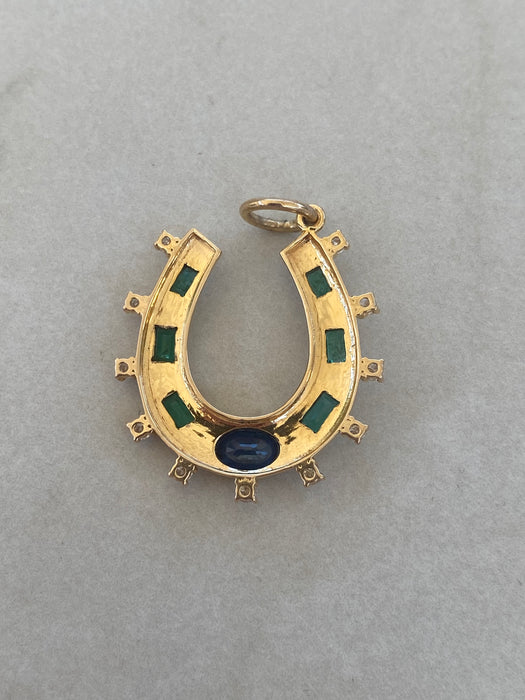 14K Gold Diamond, Emerald & Blue Sapphire Horseshoe Pendant